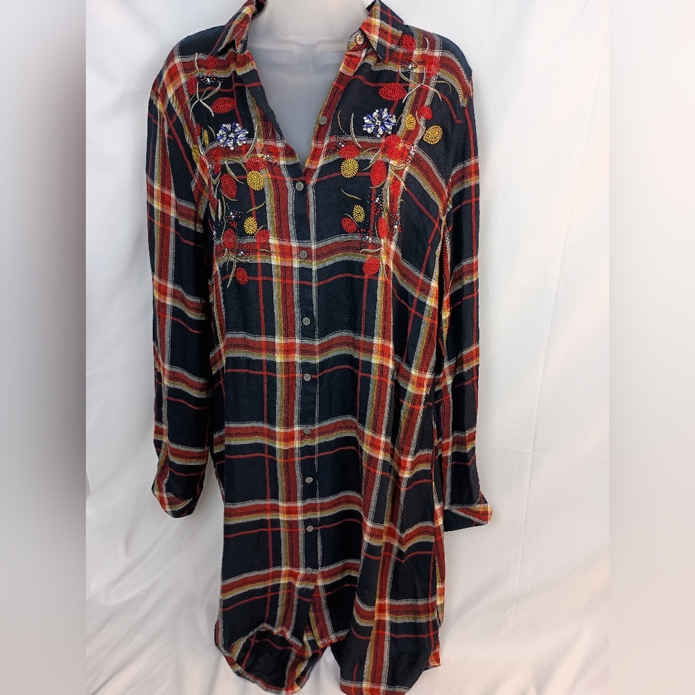 TRIBAL JEANS Plaid Button-Up Shirt beaded Floral Embroidery shirt dress sz M